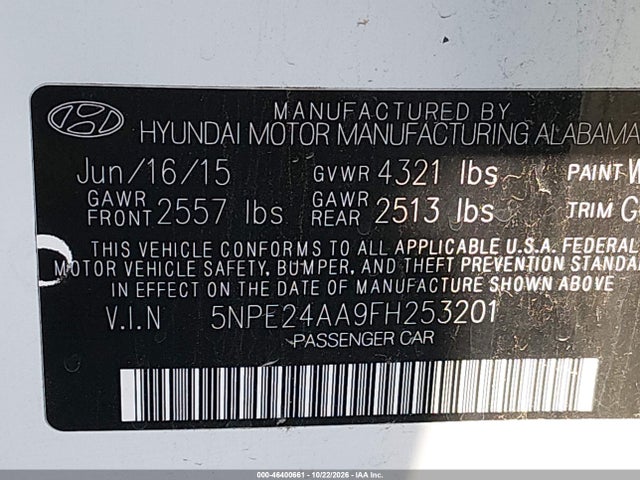 5NPE24AA9FH253201 Hyundai SONATA ECO