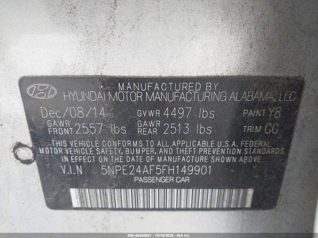 Продаж на аукціоні авто 2015 Hyundai Sonata Se, vin: 5NPE24AF5FH149901, номер лоту: 46400681