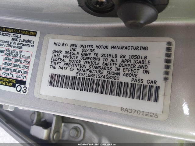 46400684 :رقم المزاد ، 5Y2SL66815Z458360 vin ، 2005 Pontiac Vibe مزاد بيع