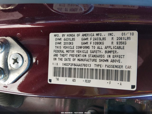 2010 Honda Accord 2.4 Ex-l მანქანა იყიდება აუქციონზე, vin: 1HGCP2F84AA076013, აუქციონის ნომერი: 46400830