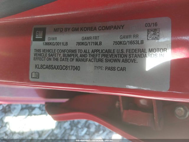 46400907 :رقم المزاد ، KL8CA6SAXGC617040 vin ، 2016 Chevrolet Spark Ls Manual مزاد بيع