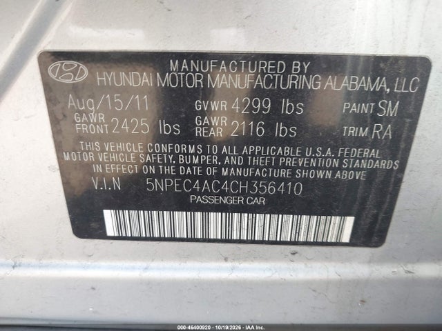 46400920 :رقم المزاد ، 5NPEC4AC4CH356410 vin ، 2012 Hyundai Sonata Limited مزاد بيع