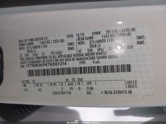 46400921 :رقم المزاد ، 1FTEW3KP6TKD07214 vin ، 2026 Ford F150 Xlt مزاد بيع
