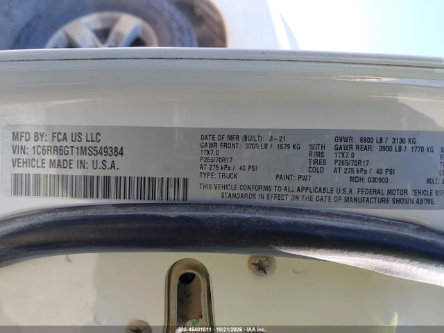 46401011 :رقم المزاد ، 1C6RR6GT1MS549384 vin ، 2021 Ram 1500 Classic Slt  4x2 6'4 Box مزاد بيع