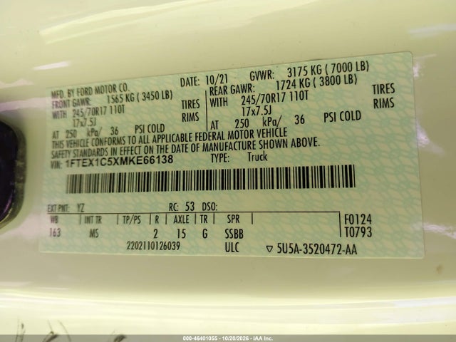 2021 Ford F-150 Xlt მანქანა იყიდება აუქციონზე, vin: 1FTEX1C5XMKE66138, აუქციონის ნომერი: 46401055