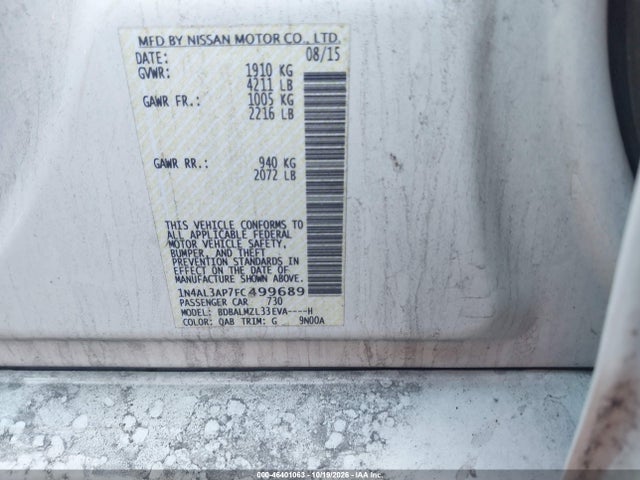 Продаж на аукціоні авто 2015 Nissan Altima 2.5 Sv, vin: 1N4AL3AP7FC499689, номер лоту: 46401063
