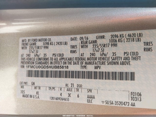 Aukcja sprzedaży 2017 Ford Escape Se, vin: 1FMCU0GD5HUB85818, numer aukcji: 46401143
