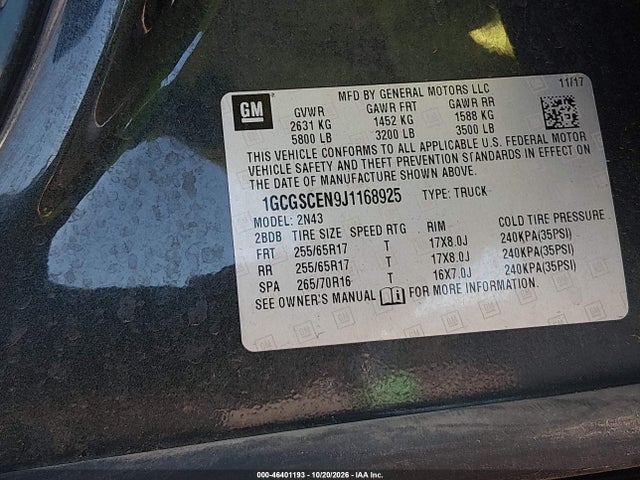 2018 Chevrolet Colorado Lt მანქანა იყიდება აუქციონზე, vin: 1GCGSCEN9J1168925, აუქციონის ნომერი: 46401193