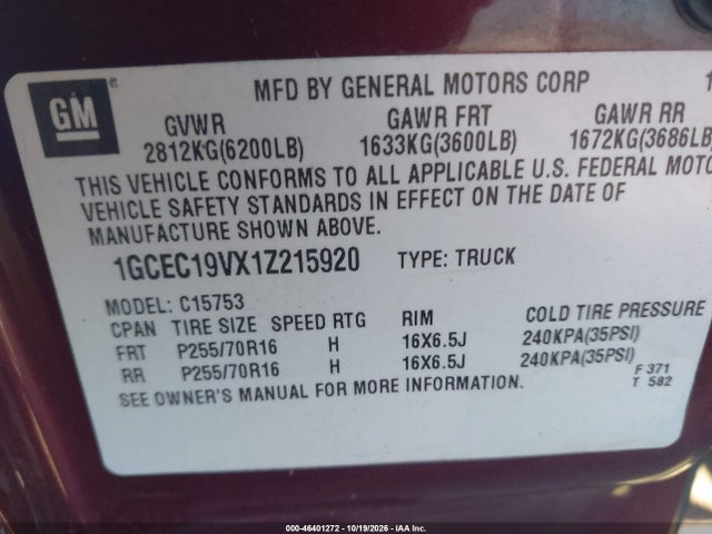 Aukcja sprzedaży 2001 Chevrolet Silverado 1500 Ls, vin: 1GCEC19VX1Z215920, numer aukcji: 46401272