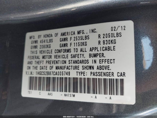 46401331 :رقم المزاد ، 1HGCS2B87CA005749 vin ، 2012 Honda Accord 3.5 Ex-l مزاد بيع