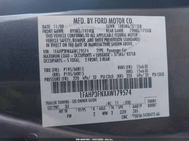 2010 Ford Focus Se მანქანა იყიდება აუქციონზე, vin: 1FAHP3FNXAW179574, აუქციონის ნომერი: 46401561