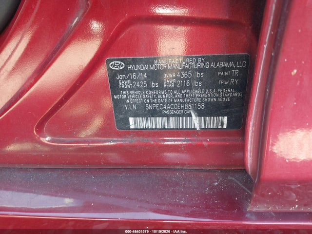 Продажа на аукционе авто 2014 Hyundai Sonata Se, vin: 5NPEC4AC0EH881158, номер лота: 46401579
