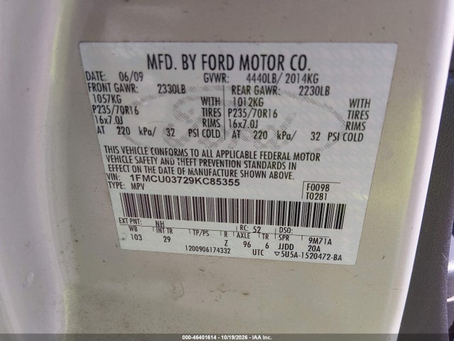 Продажа на аукционе авто 2009 Ford Escape Xlt, vin: 1FMCU03729KC85355, номер лота: 46401614