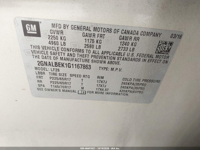 Aukcja sprzedaży 2016 Chevrolet Equinox Ls, vin: 2GNALBEK1G1167863, numer aukcji: 46401621