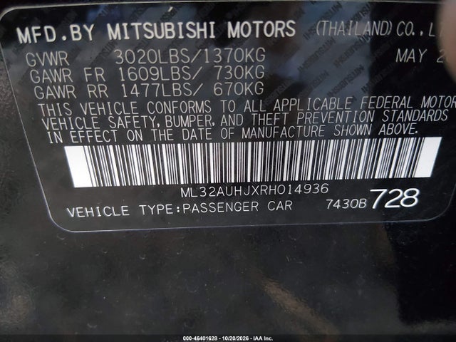 Продаж на аукціоні авто 2024 Mitsubishi Mirage Es/le, vin: ML32AUHJXRH014936, номер лоту: 46401628