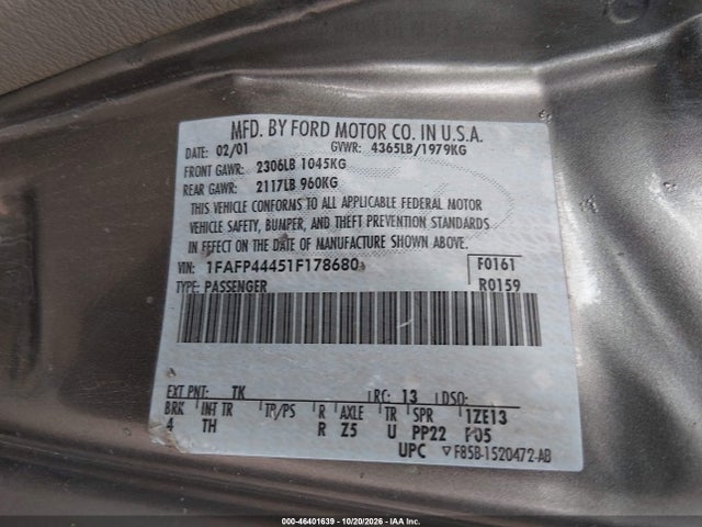 2001 Ford Mustang მანქანა იყიდება აუქციონზე, vin: 1FAFP44451F178680, აუქციონის ნომერი: 46401639