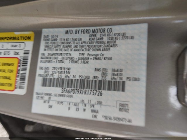 Aukcja sprzedaży 2015 Ford Fusion Se, vin: 3FA6P0T9XFR175726, numer aukcji: 46401678