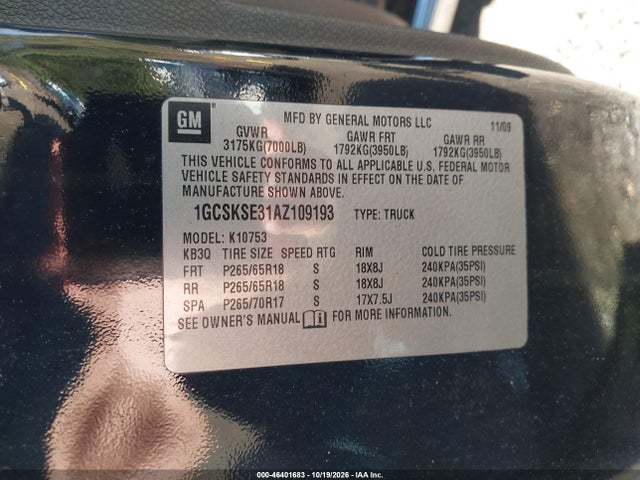 Aukcja sprzedaży 2010 Chevrolet Silverado 1500 Lt, vin: 1GCSKSE31AZ109193, numer aukcji: 46401683