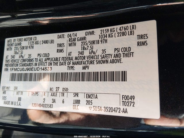 Продажа на аукционе авто 2014 Ford Escape Titanium, vin: 1FMCU0J90EUD14533, номер лота: 46401697