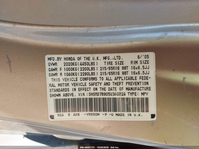 2005 Honda Cr-v Se მანქანა იყიდება აუქციონზე, vin: SHSRD78905U340824, აუქციონის ნომერი: 46401737