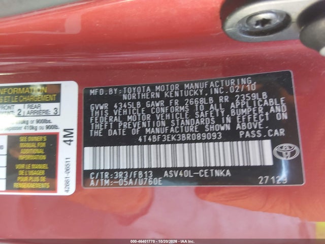 Продаж на аукціоні авто 2011 Toyota Camry Le, vin: 4T4BF3EK3BR089093, номер лоту: 46401770