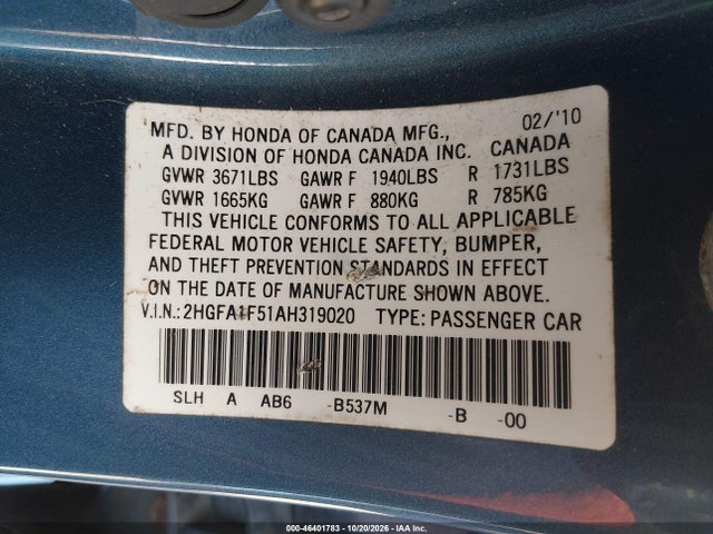 2010 Honda Civic Lx მანქანა იყიდება აუქციონზე, vin: 2HGFA1F51AH319020, აუქციონის ნომერი: 46401783