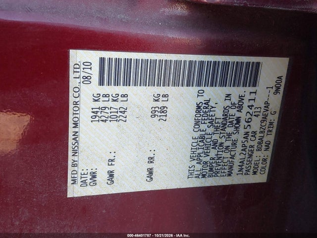 46401787 :رقم المزاد ، 1N4AL2AP5AN562411 vin ، 2010 Nissan Altima 2.5 S مزاد بيع