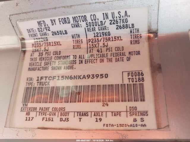 Aukcja sprzedaży 1992 Ford F150, vin: 1FTCF15N6NKA93950, numer aukcji: 46401897