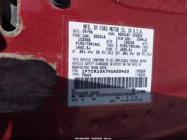 1997 Ford Ranger Splash/xl/xlt მანქანა იყიდება აუქციონზე, vin: 1FTCR10A7VUA55403, აუქციონის ნომერი: 46401905