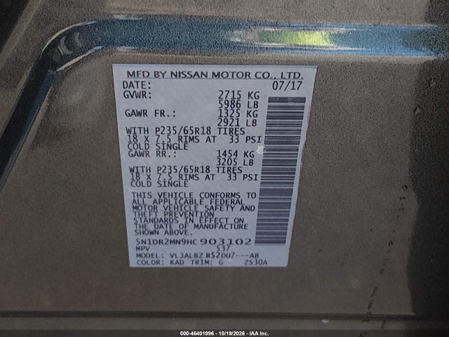 46401996 :رقم المزاد ، 5N1DR2MN9HC903102 vin ، 2017 Nissan Pathfinder S مزاد بيع