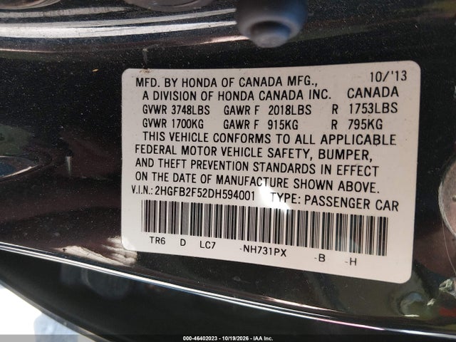 46402023 :رقم المزاد ، 2HGFB2F52DH594001 vin ، 2013 Honda Civic Lx مزاد بيع