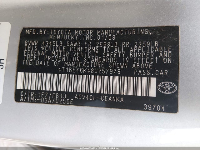 46402025 :رقم المزاد ، 4T1BE46K48U257978 vin ، 2008 Toyota Camry Le مزاد بيع