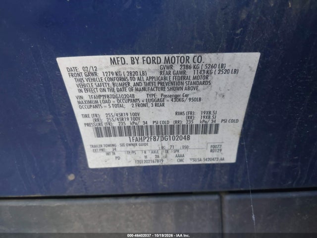 Продажа на аукционе авто 2013 Ford Taurus Limited, vin: 1FAHP2F87DG102048, номер лота: 46402037