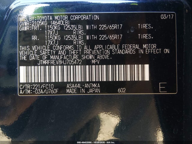 Aukcja sprzedaży 2017 Toyota Rav4 Xle, vin: JTMRFREV8HJ705472, numer aukcji: 46402090