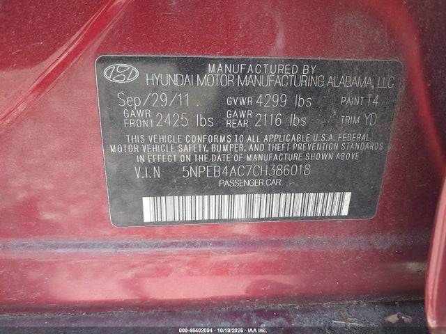 Aukcja sprzedaży 2012 Hyundai Sonata Gls, vin: 5NPEB4AC7CH386018, numer aukcji: 46402094
