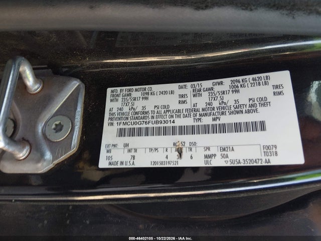 2015 Ford Escape Se მანქანა იყიდება აუქციონზე, vin: 1FMCU0G76FUB93014, აუქციონის ნომერი: 46402105