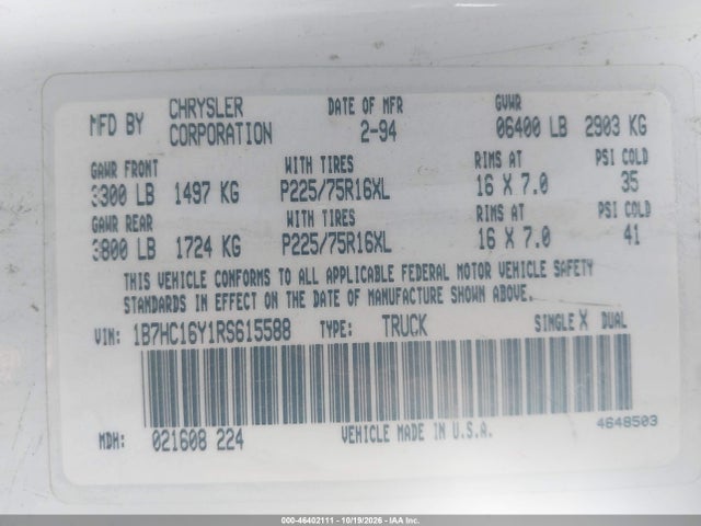 Продаж на аукціоні авто 1994 Dodge Ram 1500, vin: 1B7HC16Y1RS615588, номер лоту: 46402111