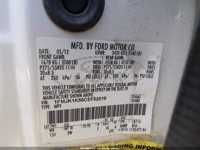 Продажа на аукционе авто 2012 Ford Expedition El Limited, vin: 1FMJK1K56CEF52019, номер лота: 46402112