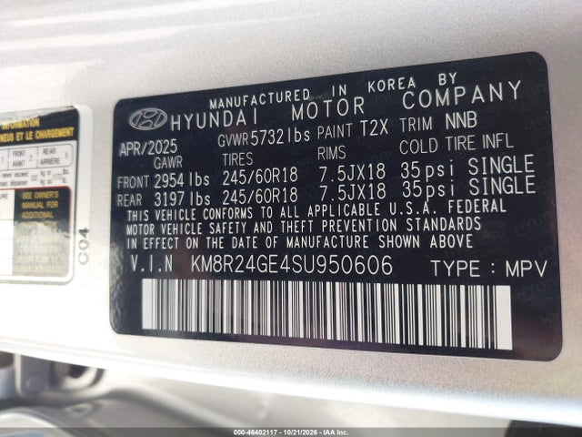 46402117 :رقم المزاد ، KM8R24GE4SU950606 vin ، 2025 Hyundai Palisade Sel مزاد بيع