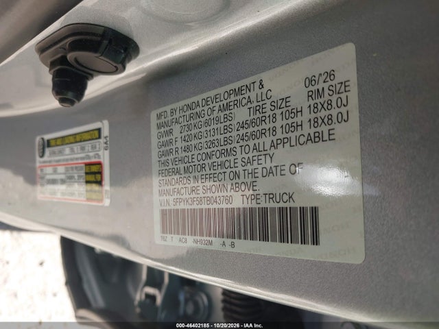 Продаж на аукціоні авто 2026 Honda Ridgeline Rtl, vin: 5FPYK3F58TB043760, номер лоту: 46402185