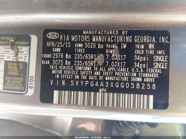 Продаж на аукціоні авто 2016 Kia Sorento 2.4l L, vin: 5XYPG4A3XGG058258, номер лоту: 46402246