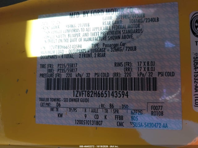 Aukcja sprzedaży 2006 Ford Mustang Gt, vin: 1ZVFT82H665143594, numer aukcji: 46402272
