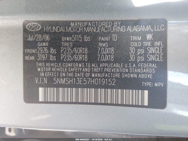 2007 Hyundai Santa Fe Limited/se მანქანა იყიდება აუქციონზე, vin: 5NMSH13E57H019152, აუქციონის ნომერი: 46402287