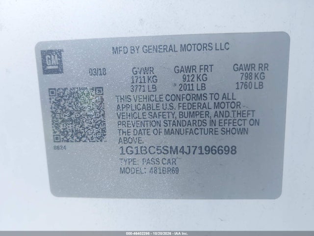 Aukcja sprzedaży 2018 Chevrolet Cruze Ls Auto, vin: 1G1BC5SM4J7196698, numer aukcji: 46402298