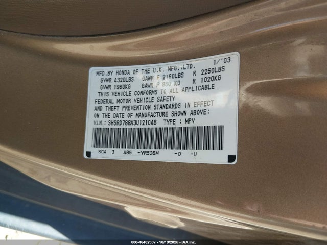 Продаж на аукціоні авто 2003 Honda Cr-v Ex, vin: SHSRD788X3U121048, номер лоту: 46402307