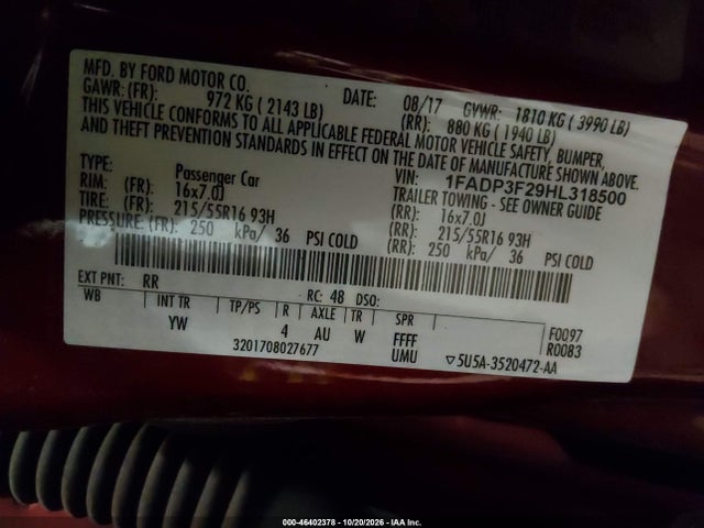 Продажа на аукционе авто 2017 Ford Focus Se, vin: 1FADP3F29HL318500, номер лота: 46402378