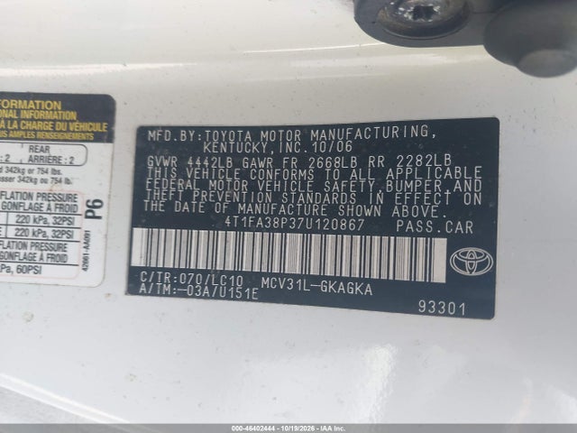 Продаж на аукціоні авто 2007 Toyota Camry Solara Sle, vin: 4T1FA38P37U120867, номер лоту: 46402444