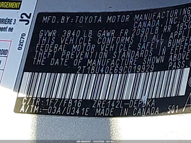 Продаж на аукціоні авто 2009 Toyota Corolla Le, vin: 2T1BU40E69C019929, номер лоту: 46402457