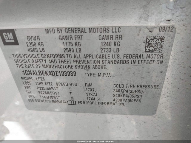 Aukcja sprzedaży 2013 Chevrolet Equinox Ls, vin: 1GNALBEK4DZ103030, numer aukcji: 46402488