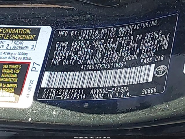 2014 Toyota Camry Hybrid Xle მანქანა იყიდება აუქციონზე, vin: 4T1BD1FK3EU118891, აუქციონის ნომერი: 46402580
